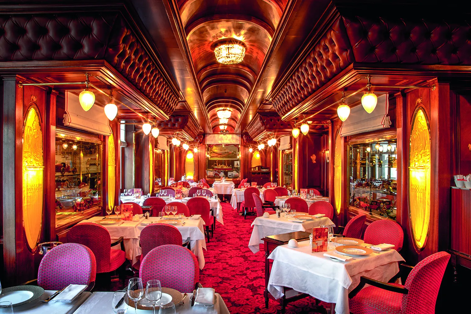 Interior of Le Train Bleu restaurant, designed like a luxury train carriage